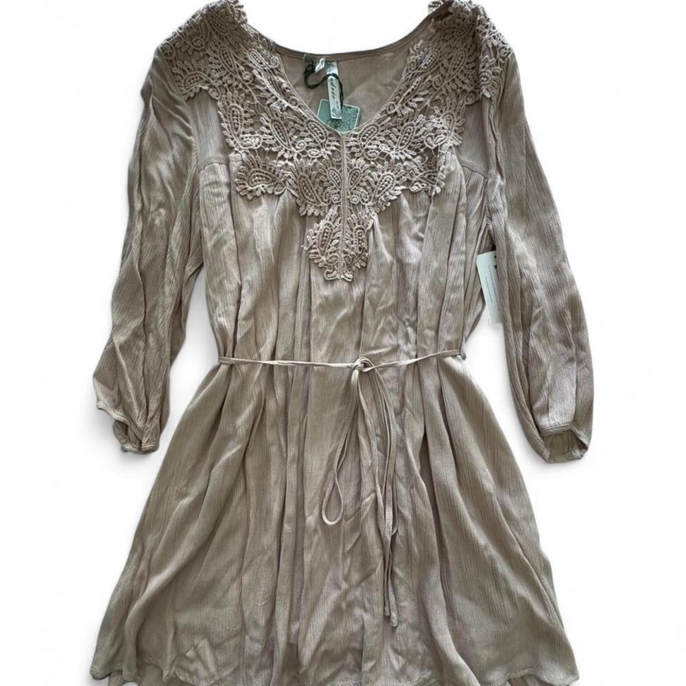Milky Brown Tan Boho Short Dress Lace Detail Tie Waste Women‎ Size L